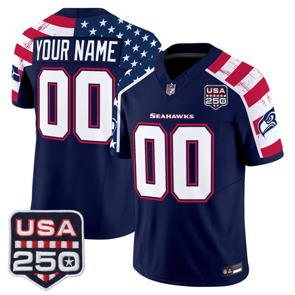 Men's Seattle Seahawks Customized Navy 2026 F.U.S.E. America 250 Edition Patch Vapor Limited Stitched Football Jersey
